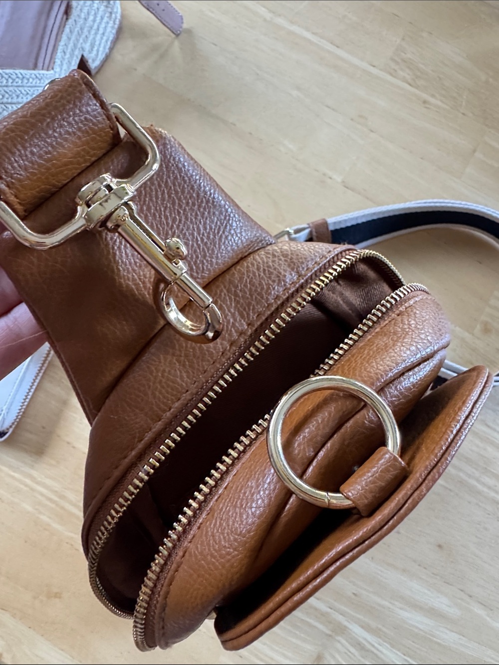 Tan Leather Crossbody Sling Bag with Stripe Strap - Picture 2 of 2